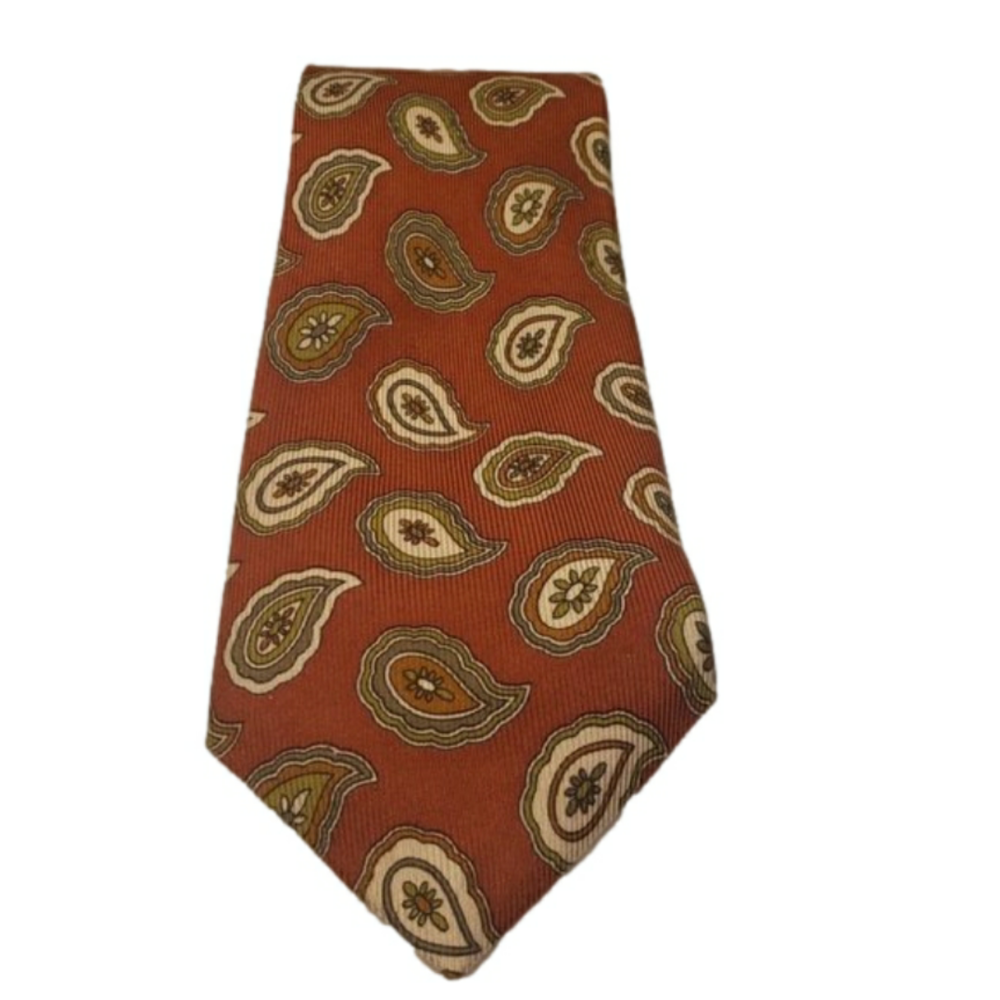 Harry Rosen Mens Tie Brown with green/cream  paisley design 100% Silk 56"l